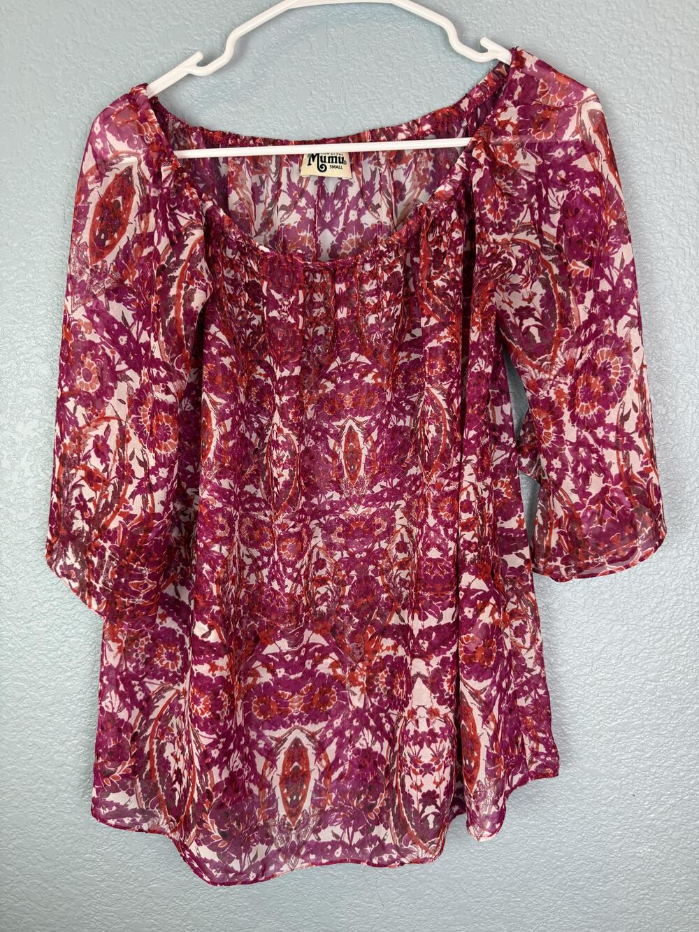 Show Me Your Mumu Blouse Womens Small Pink Purple Floral Sheer Tunic Top Boho